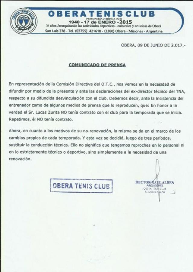 Zurita confirm que no le renuevan en Obera